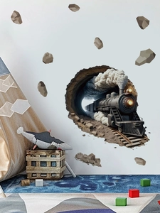 3D vintage steam train bursting through a tunnel wall sticker for kids room decor