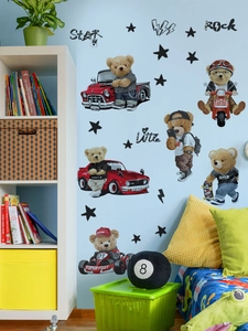 Detail of adhesive PVC wall stickers featuring racing bears for children's room decoration
