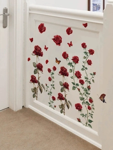 Realistic red rose wall stickers with butterflies and petals on white wall paneling