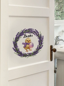 Oster-Wandaufkleber mit Lavendelkranz, Küken und rosa Ei auf einer weißen Zimmertür