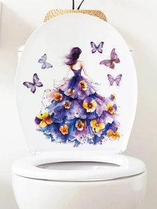 Detail of artistic watercolor butterfly girl decal applied on a white toilet lid cover