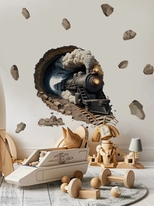 3D vintage steam train wall decal with railway and smoke effect on a beige wall