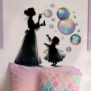 Elegant woman and girl silhouette wall stickers with colorful dream bubbles for bedroom decor