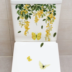 Self-adhesive wall stickers with yellow flower vines and butterflies for bathroom decor