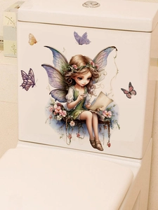 Macro detail of fairy and butterfly watercolor wall decal on a white toilet tank