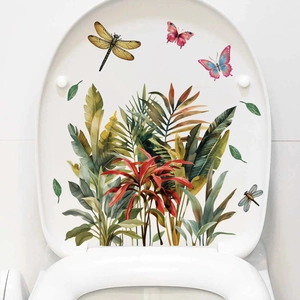 Tropical Green Plants Toilet Sticker Removable PVC Waterproof Wall Decal Butterfly Dragonfly Pattern For Bathroom Home Decor