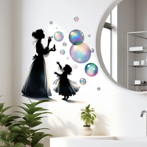 Artistic mother and daughter silhouette wall decal with colorful bubbles for bathroom decor