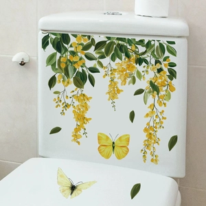 Self-adhesive yellow flower vines and butterflies wall decal for bathroom toilet decoration
