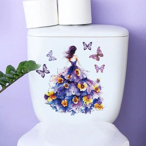 Watercolor Flower Dress Girl Butterflies Toilet Sticker Removable PVC Bathroom Wall Decal Aesthetic Home Decor Art