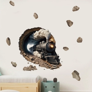 3D Realistic Steam Train Wall Sticker Broken Wall Tunnel Effect PVC Mural For Kids Room Bedroom Study Wall Decoration