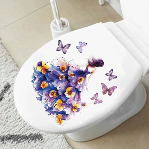 Waterproof self-adhesive toilet sticker featuring watercolor floral girl and butterflies