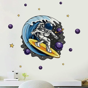 Sticker mural astronaute surfeur avec planètes pour décoration de salon et chambre
