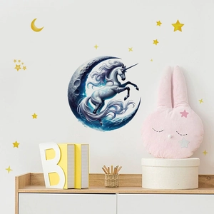 Stickers muraux licorne et lune avec étoiles jaunes pour chambre d'enfant
