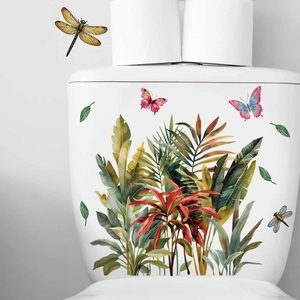 Tropical green leaves and butterfly self-adhesive waterproof wall stickers for toilet