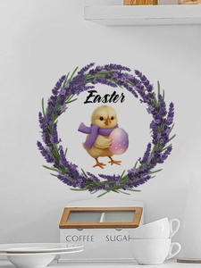 Detailansicht Osterküken Wandtattoo mit Lavendelkranz über Küchenvorratsdosen an der Wand