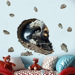 3D steam train wall decal breaking through wall with scattered stones for home decoration