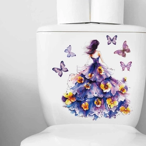Watercolor butterfly girl toilet sticker with purple floral dress for home decoration