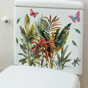 Tropical green leaves and colorful butterfly waterproof PVC wall stickers for toilet decor