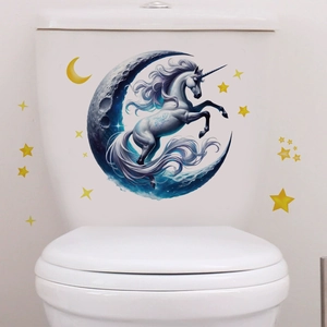 Sticker licorne et lune bleue sur réservoir de toilettes pour déco créative de salle de bain