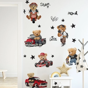 Teddy bear wall stickers featuring racing cars and motorbikes for kids room decor