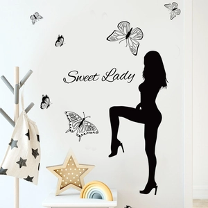 Sweet Lady silhouette wall sticker with black butterfly decals for bedroom decor