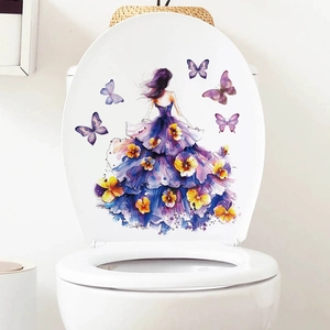 Artistic girl with butterflies watercolor wall sticker for toilet seat and home decoration