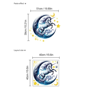 Sticker mural licorne et lune auto-adhésif avec dimensions de mise en page et pose