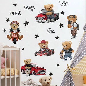 Cartoon teddy bear wall stickers with racing cars and stars for kids bedroom decor