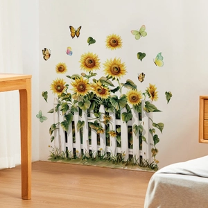 Self-adhesive sunflower wall sticker with white fence and butterflies for home decor