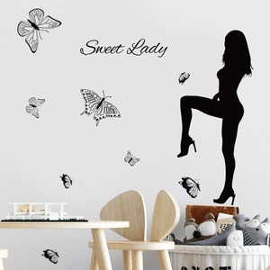 Self-adhesive black PVC wall sticker with female silhouette, butterflies, and Sweet Lady text