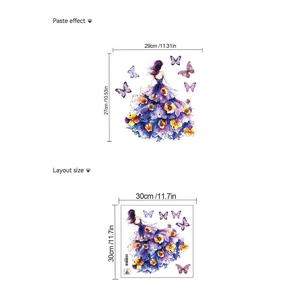 Watercolor wall sticker with elegant girl in purple floral dress and butterflies