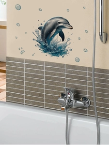 3D realistic blue dolphin wall sticker displayed on bathroom tiles near a bathtub