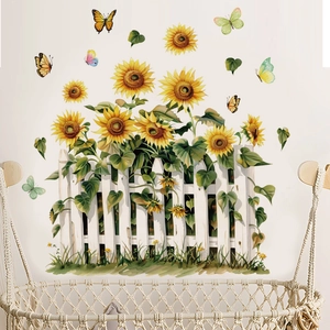 Self-adhesive sunflower wall stickers with white fence and butterflies for home decoration
