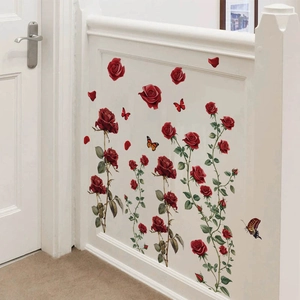 Removable red rose wall stickers with butterflies for living room home wall decor