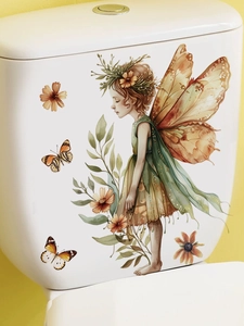 Detail view of watercolor forest fairy and butterfly wall decals on a toilet tank