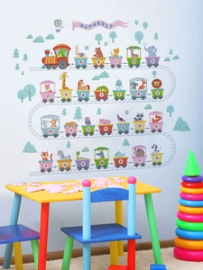 Detail of colorful alphabet animal train wall stickers for kids room with A-Z letters