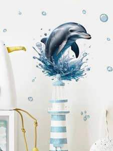 Detail of 3D blue dolphin wall sticker with water splashes and bubbles for bathroom decor