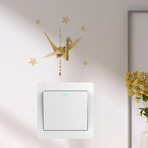 Minimalist white single light switch with crane wall stickers and star decorations