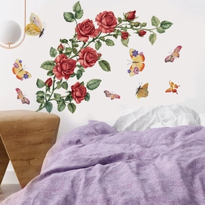 Stickers Muraux Rose Rouge Papillon PVC Autocollants Floraux Pour Chambre Salon Entrée Décoration Murale Maison