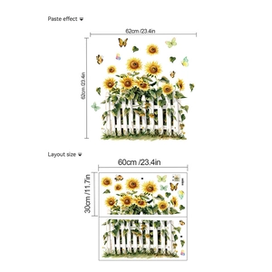 Self-adhesive sunflower wall stickers with white fence and butterflies for home decor