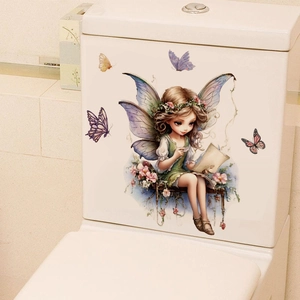 Forest fairy wall decal with purple wings and butterflies for bathroom decor