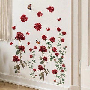 Self-adhesive red rose wall stickers set with butterflies for home living room decor