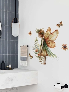 Detailed wall sticker featuring a watercolor forest fairy with butterfly wings in bathroom decor
