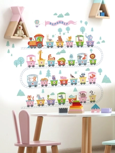 Detailed scene of alphabet animal train wall stickers in a bright kid's room