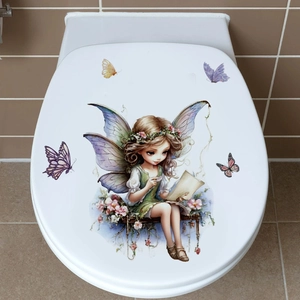 Self-adhesive fairy and butterfly wall sticker applied on a white toilet lid surface