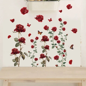 Realistic red rose wall decals with green leaves and butterflies for home decoration