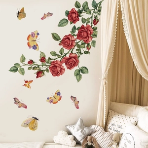 Stickers muraux de roses rouges et papillons colorés pour décoration de chambre