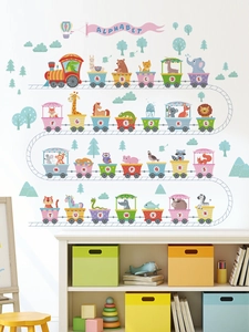 Alphabet train wall stickers with colorful animals on a winding railway for kids room