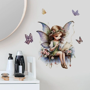 Fairy girl with butterfly wings reading on a vine bench wall sticker for home decor