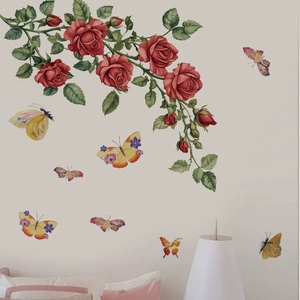 Stickers muraux roses rouges et papillons colorés pour décoration de chambre